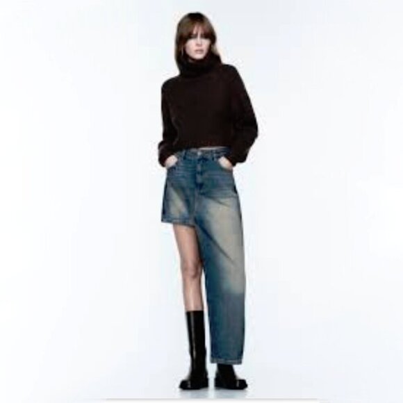 NWOT Zara medium blue wash high rise asymmetric denim skirt, S - Picture 1 of 7